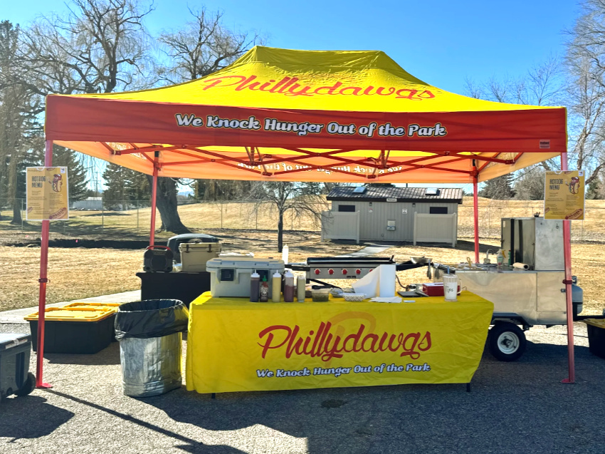 Philly Dawgs 10x15 Classic Pro package featuring a red Pro Expo frame and custom canopy