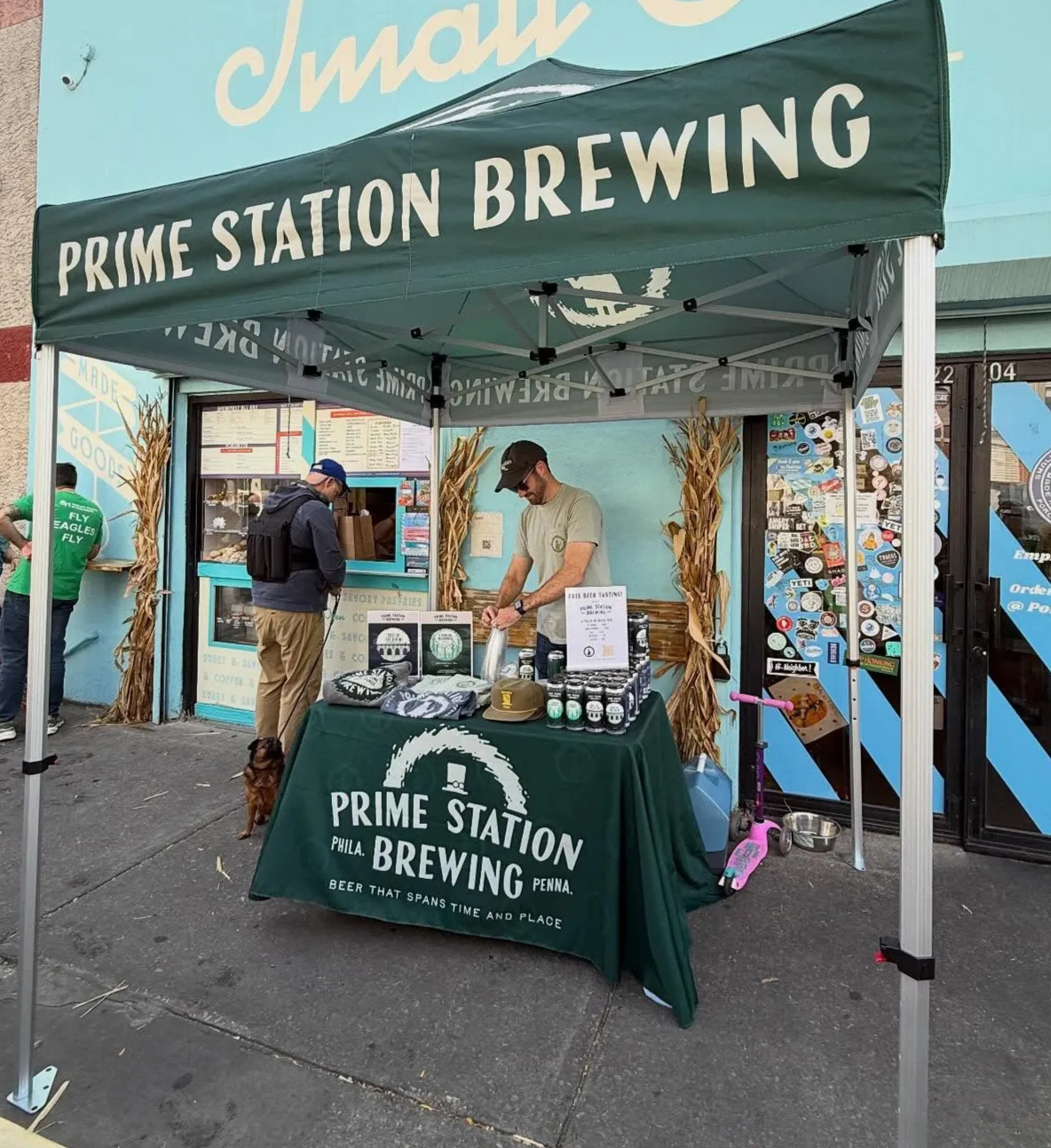 Prime Station Brewing using a 6.5ft x 6.5ft Trader Series tent frame during an outdoor event setup