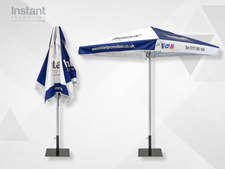 Square restaurant patio umbrella with printed canopy