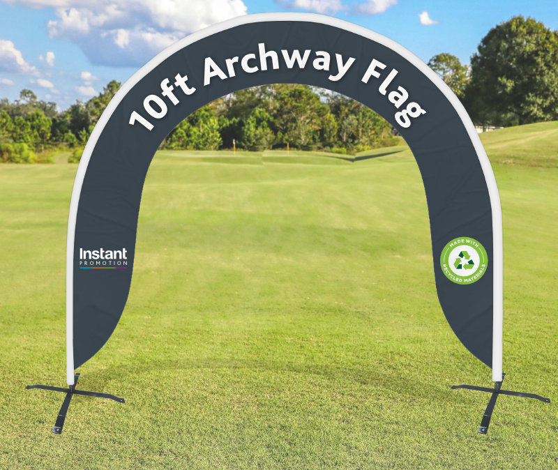 Custom Archway Flag in a curved shape supported by black metal poles and a cross base.