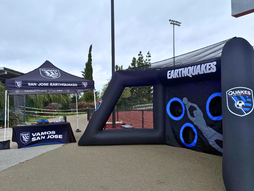 Branded inflatable soccer goal with Earthquakes logo