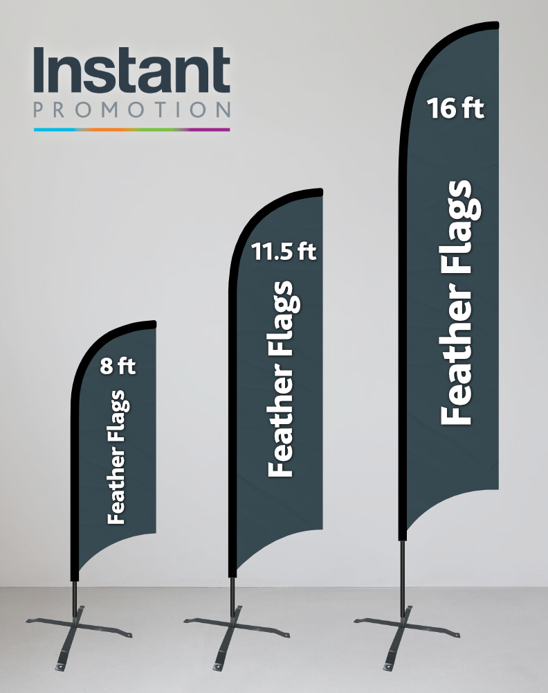 Feather flags in three sizes displayed outdoors with clear visibility.