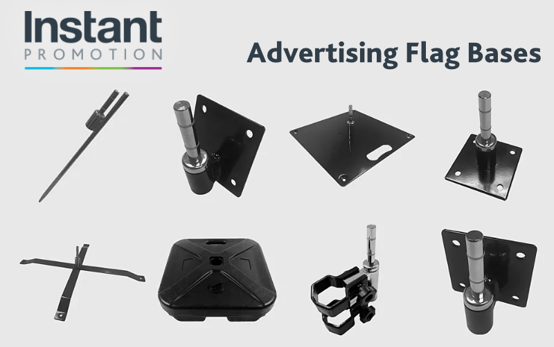 Collection of flag base options including spike, cross, water, drive-on, floor mount, wall brackets, Pro Expo clamp, and weighted metal bases.