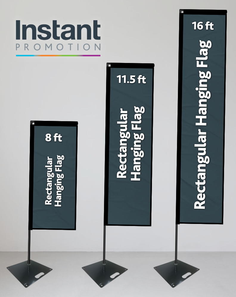 Rectangular hanging flags in various sizes with vertical pole mounts.