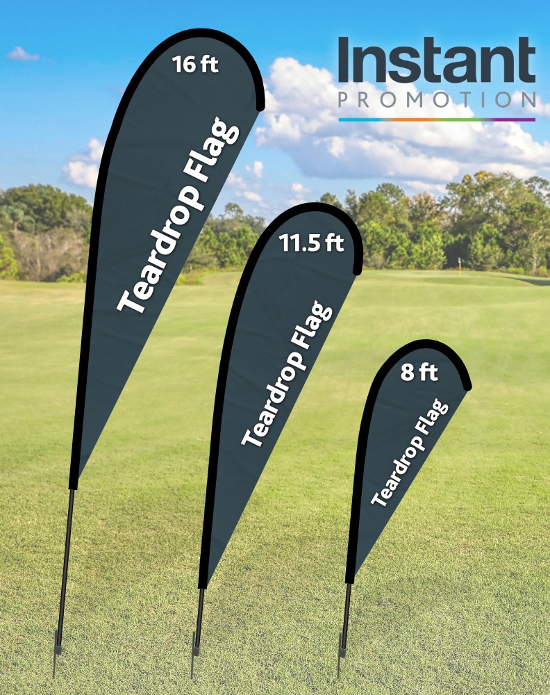 Teardrop flags in three sizes showcasing a crisp, tensioned shape.